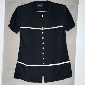 VTG JSJ Petites Button Up‎ Tunic Shirt Black White Shank Button Padded Shoulders